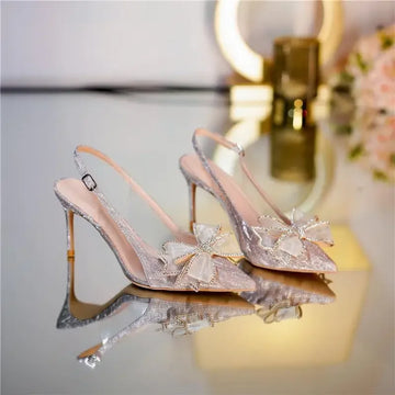 Ladies Thin Transparent Pointed Toe Open High Heel Sandals Silver Bow Comfort Heels