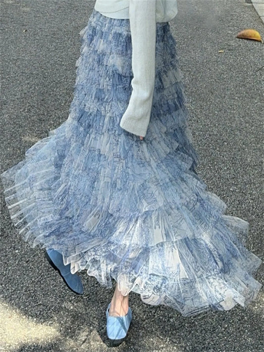 Elegant Floral Lace Maxi Skirt with High Waistband and Flowy Layers Skirt