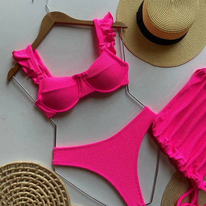 Solid Wavy Fabric Low Waist Ruffle Bikini Set Cover Up Swimsuit For Women