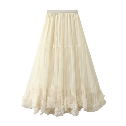 Skirts For Women Ladies A Line Layered Tulle Elastic Waist Midi Length High Waist Solid Mesh Skirt