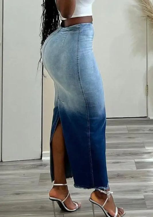 Women Elegant Denim Skirts Ombre Raw Hem Maxi Skirt