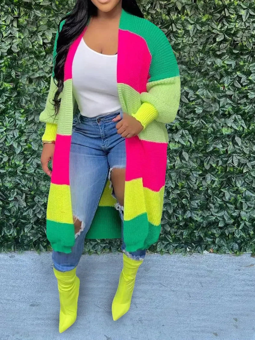 Elegant Women Knit Ribbed Cardigan Patchwork Long Sleeve Open Stitch Thick Sweater