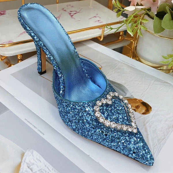 Shallow Mouth High-heeled Women's Shoes Love Rhinestone Shining Thin Heel Pump Slippers