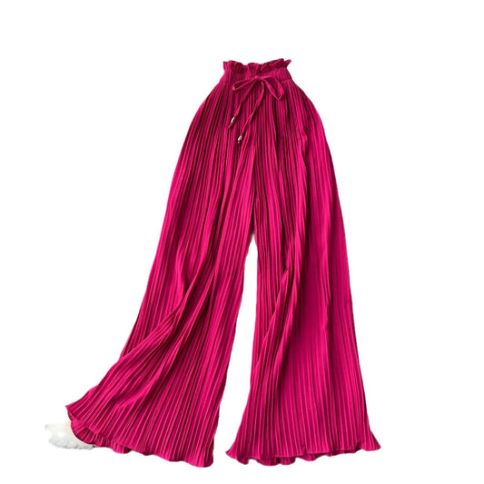 Women Long Pants Wide Leg Pant Solid Loose Casual Lace Up Tight High Waist Capris Regular Pleated Trousers