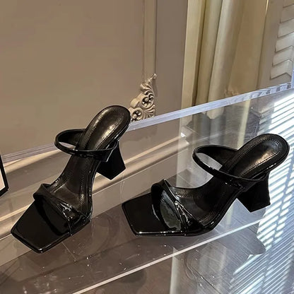 Elegant Square Toe Slippers Women's Design High Heel Mules