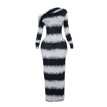 Contrast Patchwork Inclined Shoulder Striped Women Print Maxi Bodycon Dress