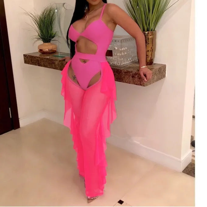 Hollow Out 2 Pieces Set for Woman Mesh See Through Bodysuit Top and Ruffles Pants Swimsuit Outfit