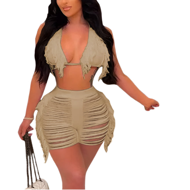 Women Fringe Tassel Bikini Shorts Set Hollow Out Jamaican Crochet Swimwear Summer Beach Knitted Cover Up Swimsuit