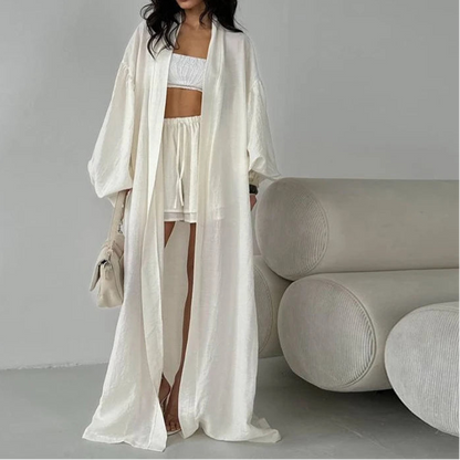 Loose Long Cardigan Lace Up Shorts Sets Women Crop Solid Balloon Sleeve Shirts Elastic Wide Leg Short Pants