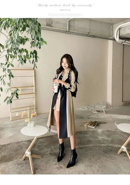 Contrast Full Sleeve Buttons Belted Women Long Trench Coats