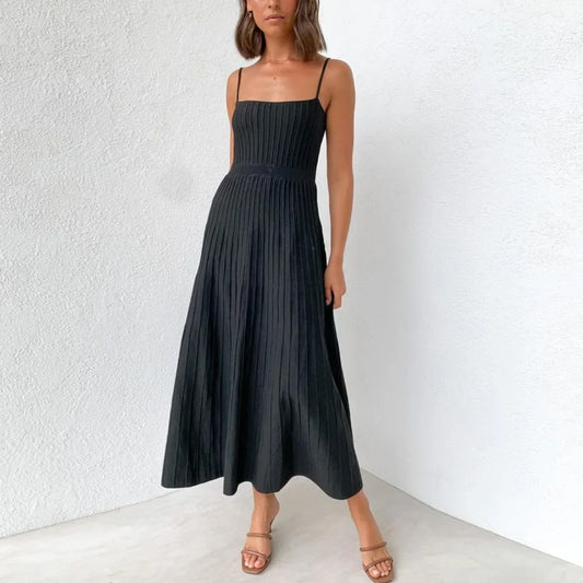 Women Knitted Pleated Midi Dress Casual Spaghetti Midi Dress
