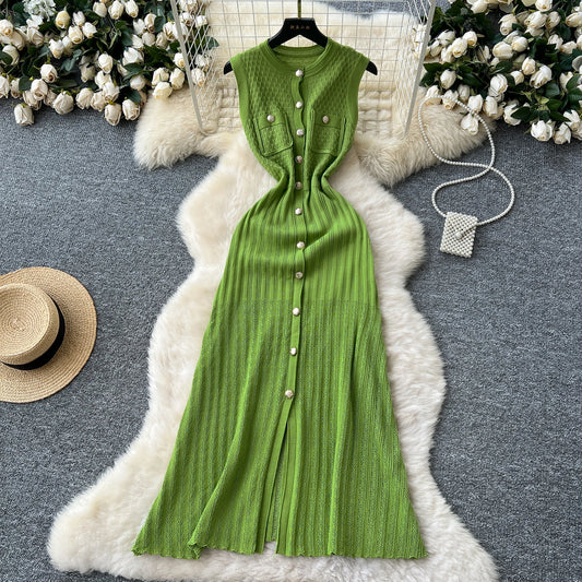 Office Wear Lady Tank Long Dress Women O Neck Sleeveless Single Breasted Sheath Knitted Dress
