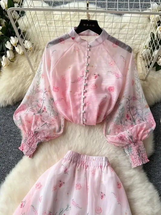 Summer Organza Gorgeous Flower 2 Piece Skirt Set Women Long Lantern Sleeve Blouse Set