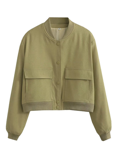 Solid Bomber Jackets Coat With Pockets V-Neck Single Breasted Long Sleeves Jacket