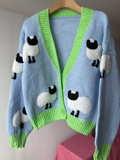 Sheep Pattern Crochet Chunky Knit Cardigan Cute Cartoon V Neck Sweater