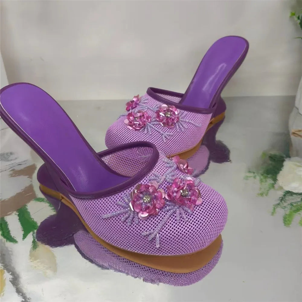 Women Summer Wedges Mesh Shoes Flower Round Toe Slip-On Hollow High Heeled sandals