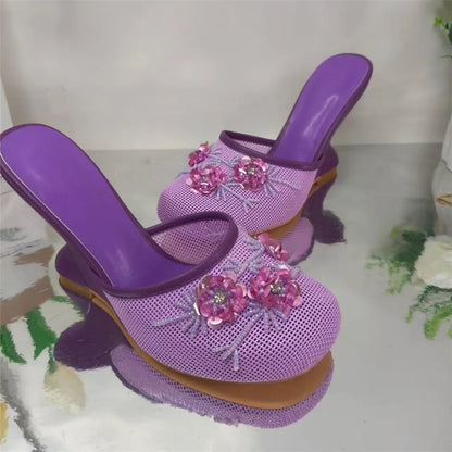 Women Summer Wedges Mesh Shoes Flower Round Toe Slip-On Hollow High Heeled sandals