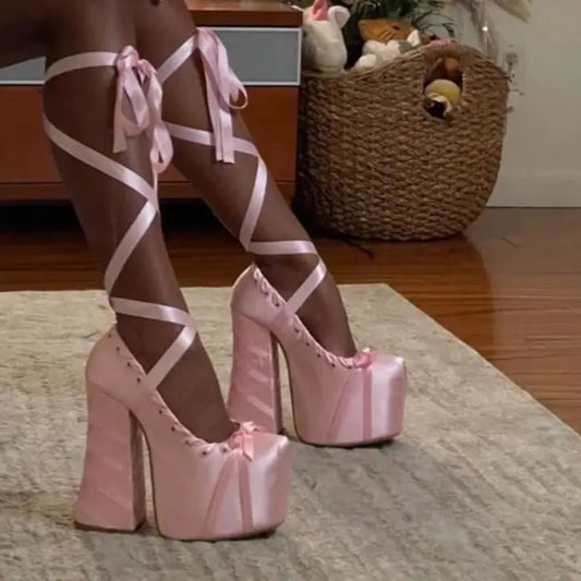 Lace Up Cross Straps Bow Lolita Shoes Women Platform Satin Sandals Sweet High Block Heels Square Toe Thick Bottom Women Pumps