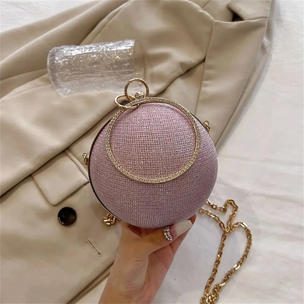 Gold Bright Silk Circular Evening Bag Women Banquet Clutch Rhinestone Chain Shoulder Bags