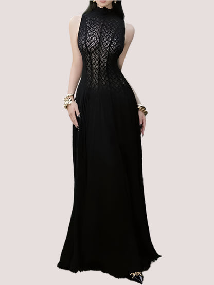 Solid Spliced Appliques Loose Maxi Dress For Women O Neck Sleeveless High Waist Dress