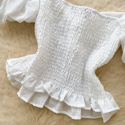 Jacquard Blouse Square Collar Puff Sleeves Elastic Slim Crop