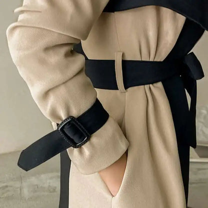 Contrast Full Sleeve Buttons Belted Women Long Trench Coats