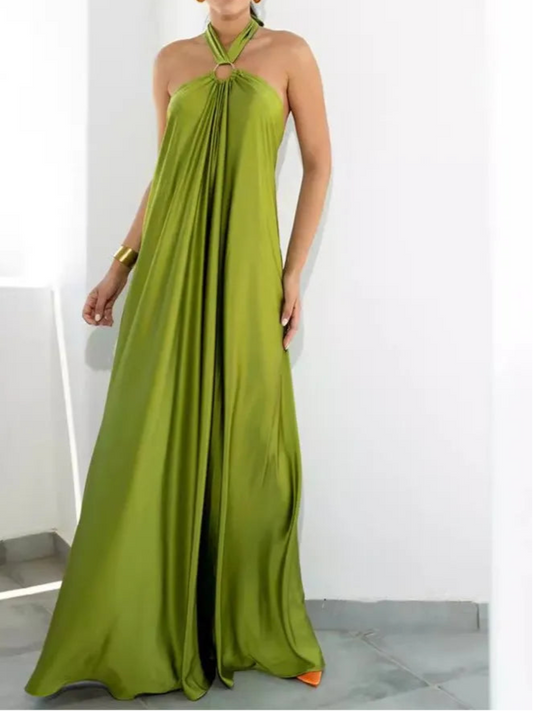 Women's Sexy Sleeveless Hanging Neck Hollow Satin Suspender Maxi Backless Dress