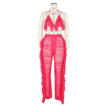 Tassel Knitted Pants Two Piece Set Resort Outfit Vacation Outfit Beach Cover Up