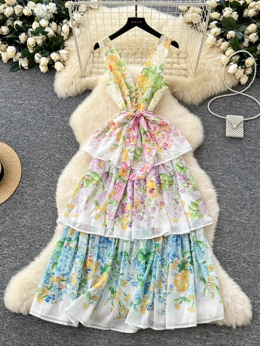 Vintage Slip Summer Dress Women Print Sashes Ruffle Flounce Long Party Dress Female Casual Evening Dress