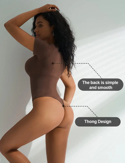 Women Bodysuit Shapewear Seamless Short Sleeve Thong Tummy Control Sculpting Body Shaper