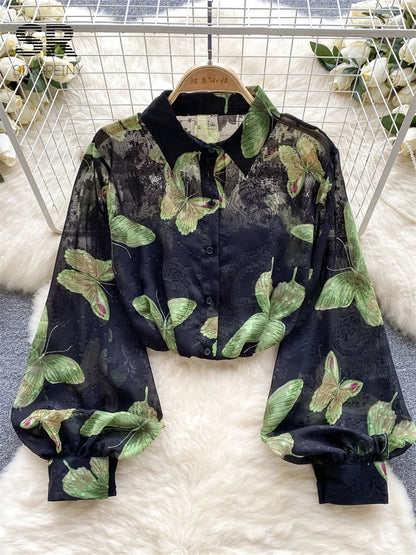 Floral Print Women Shirt Summer Lantern Sleeve Retro French Loose Blouse