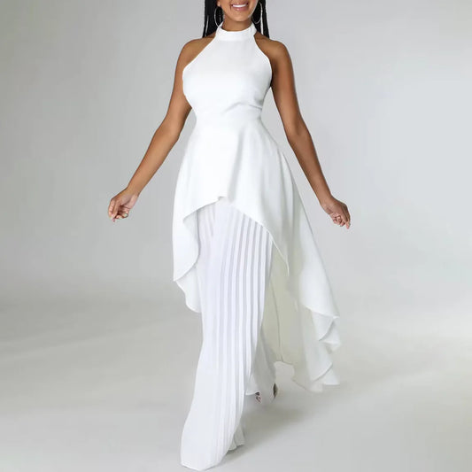 Elegant Two Piece Set Women Outfit Backless Top Hundred Pleated Wide Leg Pants Trousers Suit Summer Office Lady Suit