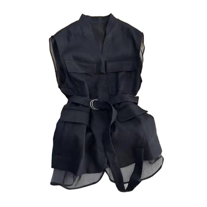 Black Blouse Sleeveless Vest Tops for Women Mesh Patchwork Shirt