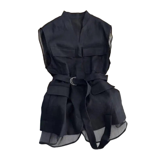 Black Blouse Sleeveless Vest Tops for Women Mesh Patchwork Shirt