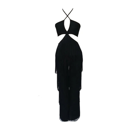 New Women Sexy Tassel Halter Bandage Jumpsuits Elegant Backless  Sleeveless Slim Long jumpsuit