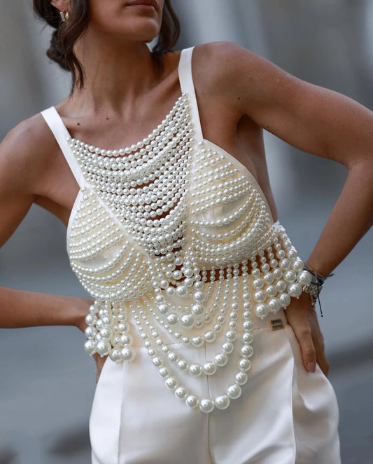 Chic Pearl Beading Tops Women V-neck Handmade Bra Top Vest Tops