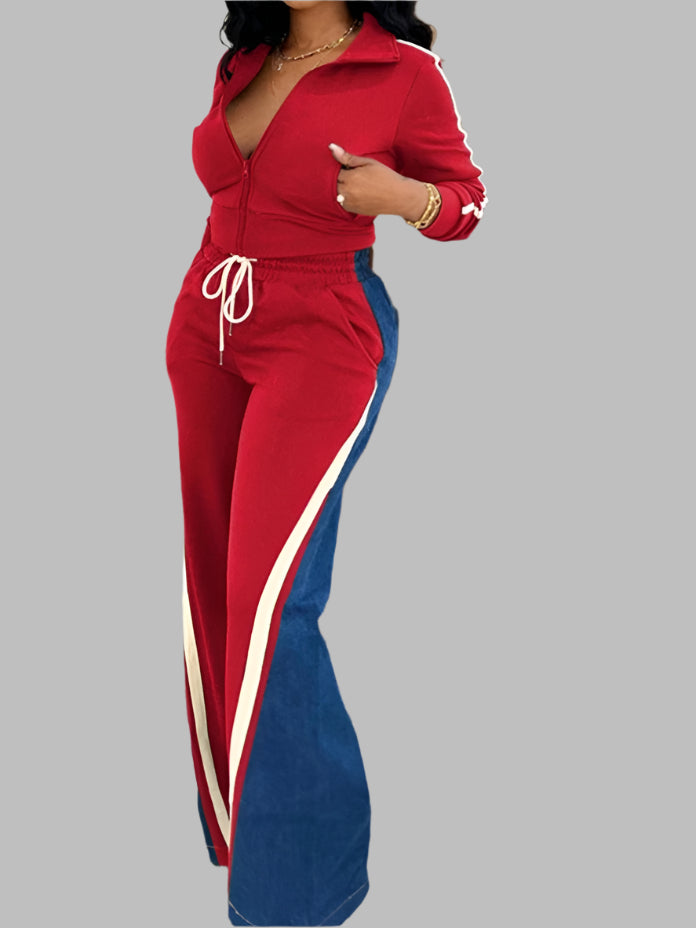 Casual 2 Piece Sets Women Outfit Color Blocks Long Sleeve Zipper Crop Top And Denim Patchwork Pants Suit Streetwear