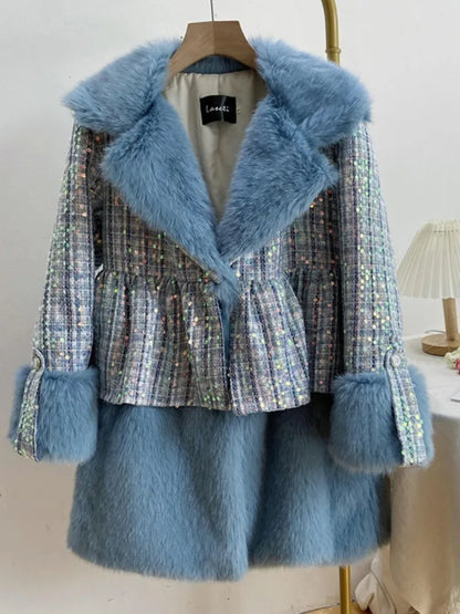 Winter Fur Coat Women Luxury Sequined Wool Faux Fur Long Jacket Fluffy Overcoat