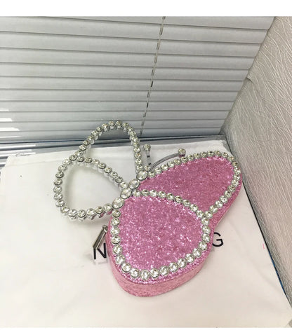 White Rhinestone Pink Butterfly Wedding Evening Clutches Party Prom Purse