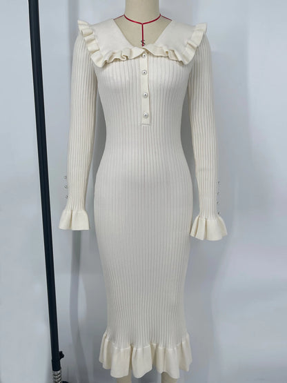 Retro Elegant High Waist Ruffled Maxi Sweater Dresses Knitted Dress