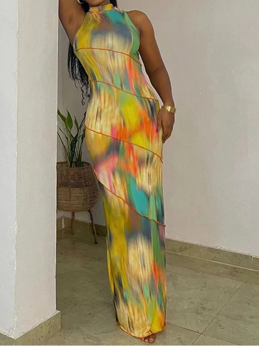 Colorful Print Dress Women Sleeveless Patchwork Skinny Bodycon Dress