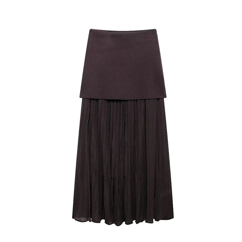 Knitted Patchwork Pleated Side Zipper Midi Skirt Vintage High Waist Female Chic Lady Skirts