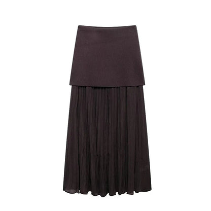 Knitted Patchwork Pleated Side Zipper Midi Skirt Vintage High Waist Female Chic Lady Skirts