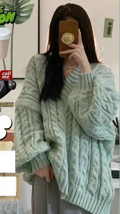 Lantern Sleeve Knit Sweater Women Korean Solid Twist V-Neck Pullover Jumper