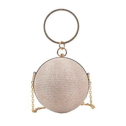 Gold Bright Silk Circular Evening Bag Women Banquet Clutch Rhinestone Chain Shoulder Bags