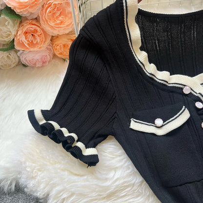 Chic Knitted Mini Dress Elegant Black Ruffled Party Dress
