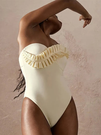 One-Piece Swimsuit Solid Bathing Suit Vacation Beachwear Ruffle Swimming Suit