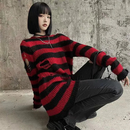 Punk Gothic Long Sweater Women Striped Broken Jumper