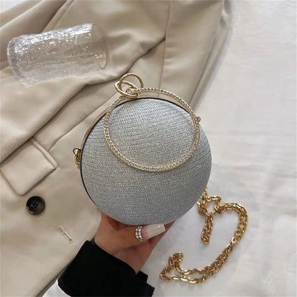 Gold Bright Silk Circular Evening Bag Women Banquet Clutch Rhinestone Chain Shoulder Bags