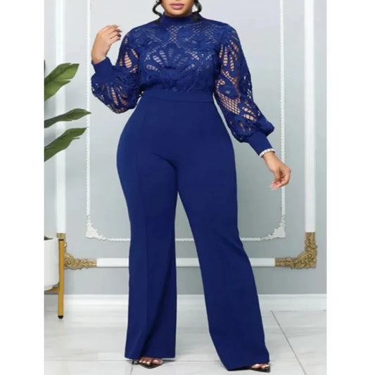 Elegant Women Classy Hollow Out Lace Panel Long Sleeve Stretchy Jumpsuit